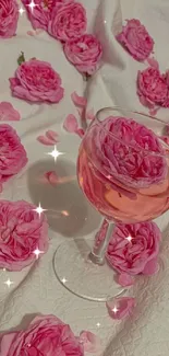 Elegant glass of wine surrounded by pink roses on a soft white fabric.