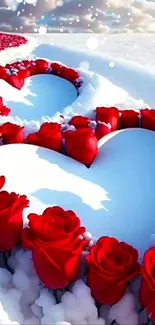 Red roses form heart shapes on snow under a vibrant blue sky.