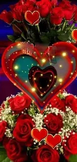 Red roses bouquet with glowing heart design wallpaper.