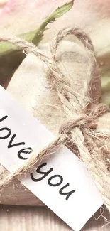 Romantic wallpaper with roses and heart-shaped 'I love you' note.