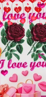 Romantic wallpaper with roses and hearts saying 'I love you'.