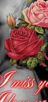 Vibrant red and pink roses with green leaves on a mobile wallpaper.