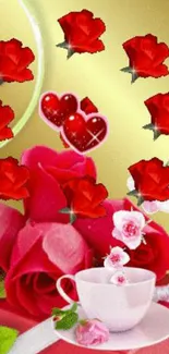 Romantic roses with teacup mobile wallpaper.