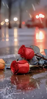 Red and yellow roses on a wet city street with blurred evening lights.