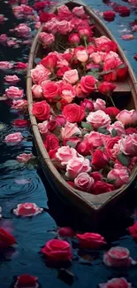 A boat filled with vibrant pink and red roses floating on dark water.