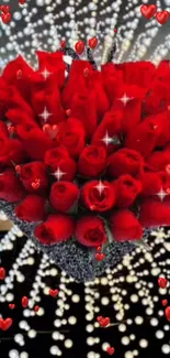 Bouquet of red roses with sparkling hearts and a dazzling background.