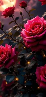 Roses under moonlight with glowing ambiance.