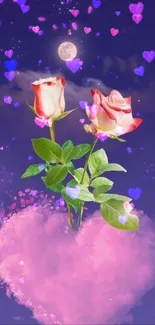 Romantic wallpaper with roses, pink heart, and moon.