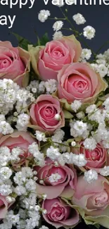 Pink roses and white baby's breath with 'Happy Valentines Day' text.