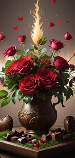 Beautiful red roses with chocolates and gold glow.