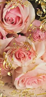 Pink roses with golden musical notes, creating a romantic mobile wallpaper.