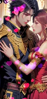 Romantic royal couple embracing with hearts.