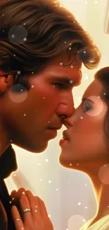 Romantic sci-fi couple in an artistic embrace with warm lighting.