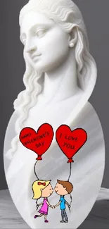 Romantic sculpture with Valentine's balloons on mobile wallpaper.