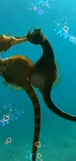 Two seahorses with hearts in a teal underwater scene.