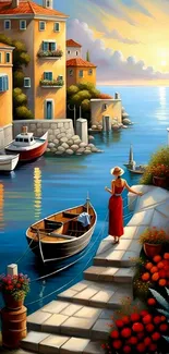 Woman in red dress in a scenic seaside village with boats at sunset.