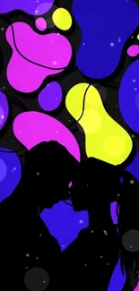 Couple silhouette with abstract colorful background in blue, yellow, and pink.