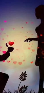 Silhouette of a couple with floating hearts in a romantic background.