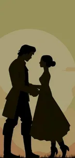 Silhouette of a couple at sunset on an olive green background.