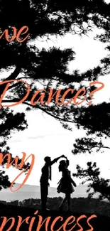 Silhouette of a couple dancing amidst trees with a romantic text overlay.