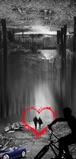 Silhouette art in a forest with a heart and couple.