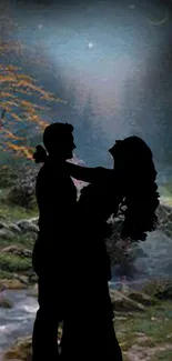 Romantic couple silhouette in a mystical forest under a moonlit sky.