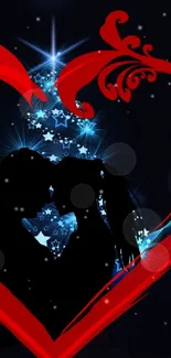 Silhouette couple in red heart with starry background.