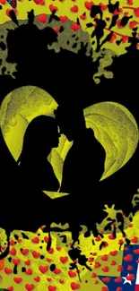 Silhouette of couple in heart with yellow and black design.