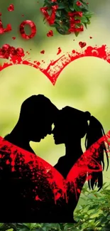 Silhouette couple in a red heart with a green background.