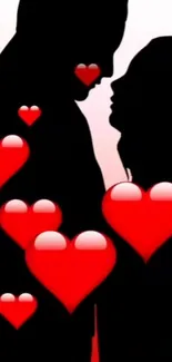 Silhouette couple with red hearts wallpaper, romantic design.