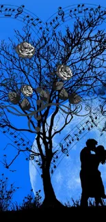 Silhouette of lovers under a tree with musical heart design on a blue background.