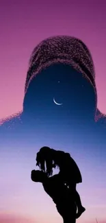 Romantic silhouette under crescent moon in purple sky wallpaper.