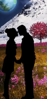 Romantic couple silhouette with mountain and blooming flowers wallpaper.