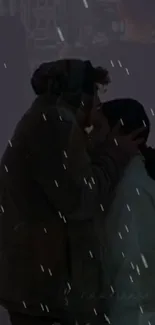 Silhouette of a couple kissing under rain on a dark background.