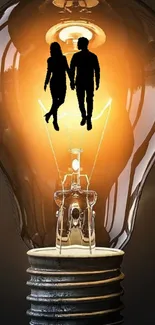 Romantic couple silhouette inside a glowing lightbulb mobile wallpaper.