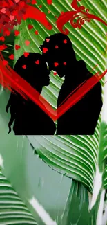 Silhouette couple with heart overlay on green leaves.