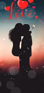 Silhouette couple under heart-filled sky with 'Love' text.