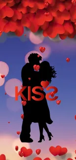 Silhouette couple with red hearts and bokeh background on a mobile wallpaper.