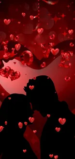 Romantic couple silhouette with red heart backdrop.