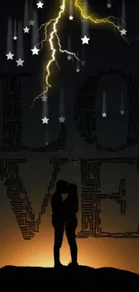 Silhouette of couple with lightning and love text.