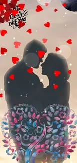 Silhouette couple embracing surrounded by hearts on a dreamy background.