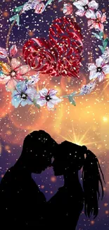 Silhouette couple under starry and bokeh lights with heart and flowers.