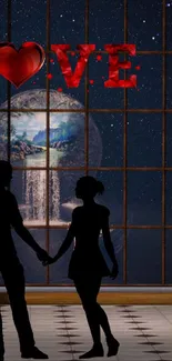 Silhouette couple holding hands with love heart in a starry background.