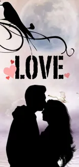 Romantic couple silhouette with love birds and a moonlit sky background.