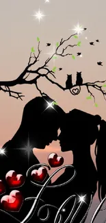 Romantic couple silhouette with love hearts at sunset.