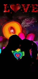 Romantic silhouette couple with colorful love theme wallpaper.