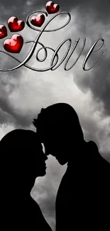 Silhouette couple with red hearts and cloudy background.