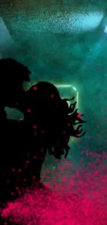 Silhouette of couple with colorful mist.