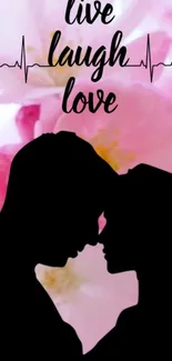 Romantic silhouette of a couple with 'live, laugh, love' text and pink floral background.