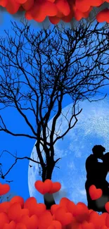 Silhouette of a couple kissing under a moon with red hearts and blue sky.